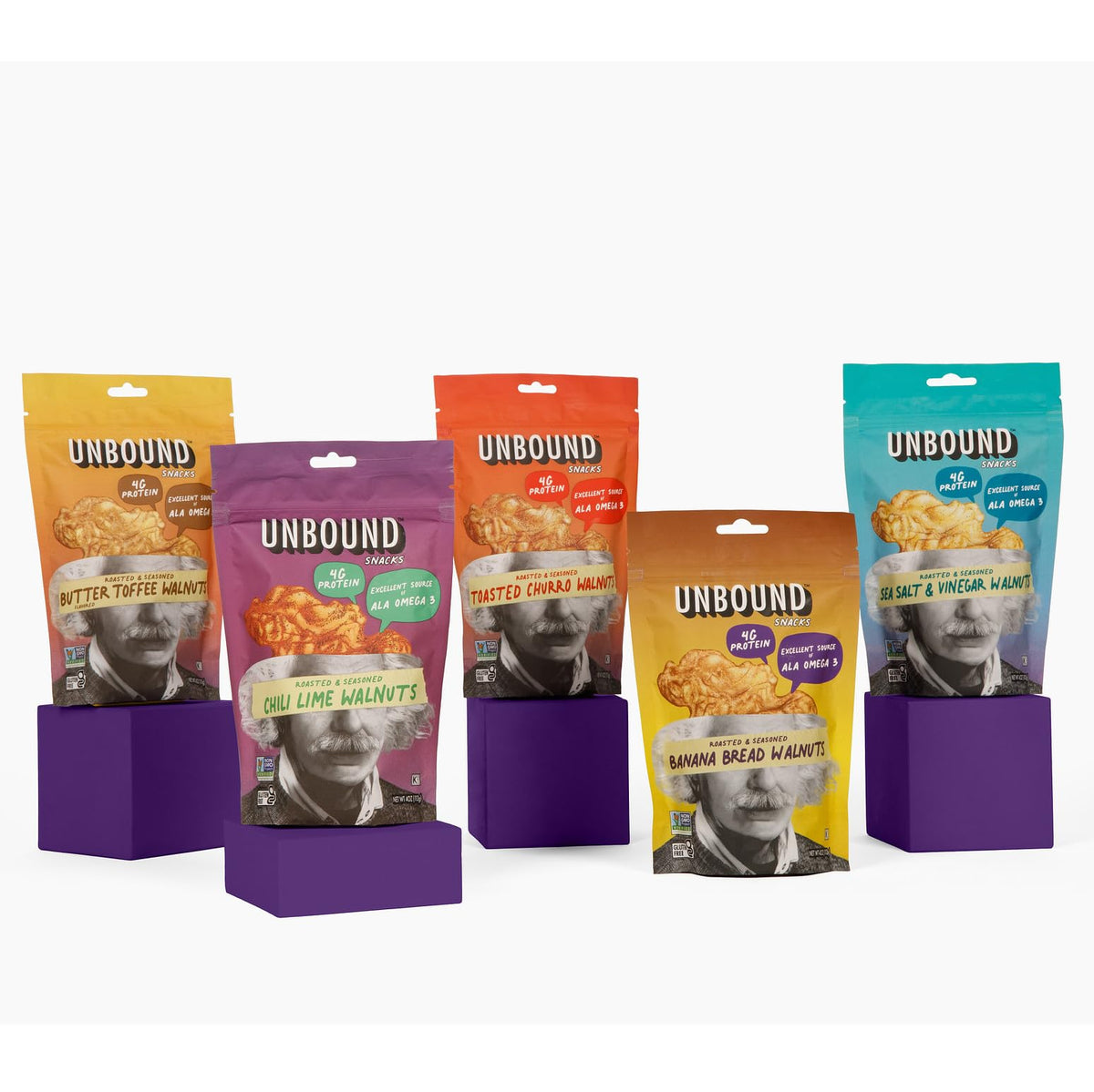 Unbound Snacks flavored walnuts sampler in bag, ideal gluten-free snack on the go