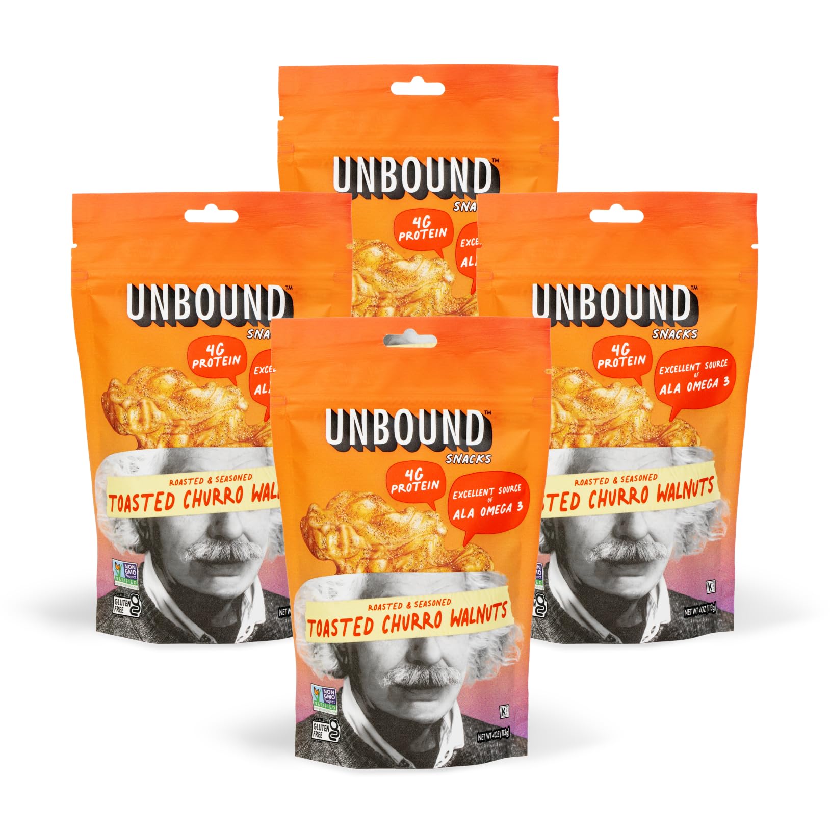 Unbound Snacks Toasted Churro Walnuts pack-front highlight premium protein snack
