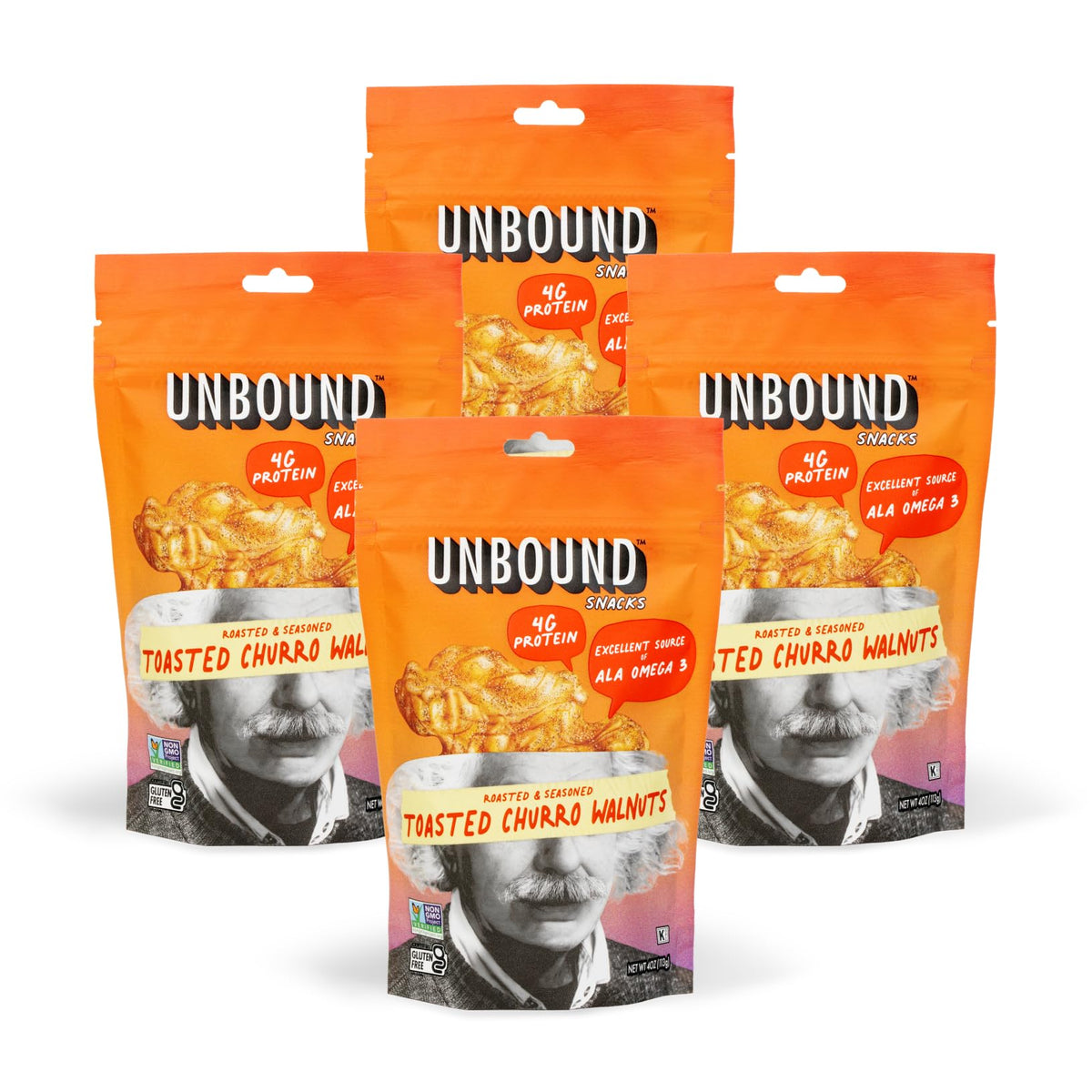 Unbound Snacks Toasted Churro Walnuts pack-front highlight premium protein snack