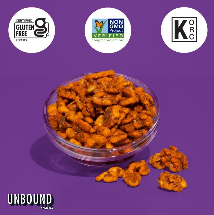 Unbound Snacks Toasted Churro Walnuts pack-multiple visuals show four-pack value