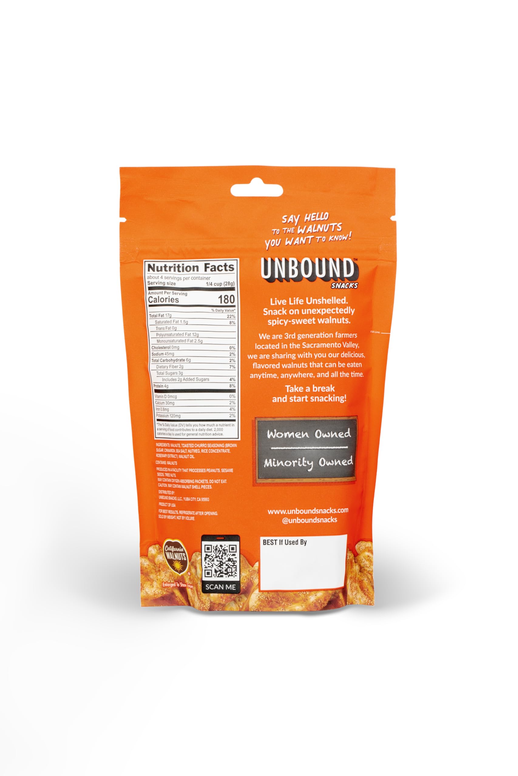Unbound Snacks Toasted Churro Walnuts seasoning-pour emphasizes brown sugar and spice mix
