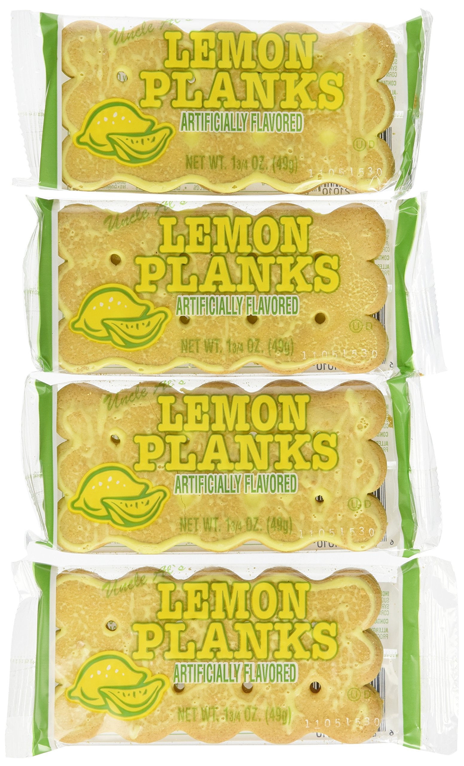 Uncle Al's Lemon Stage Plank Cookie 12-pack on shelf; crisp lemon flavor for quick snacking.