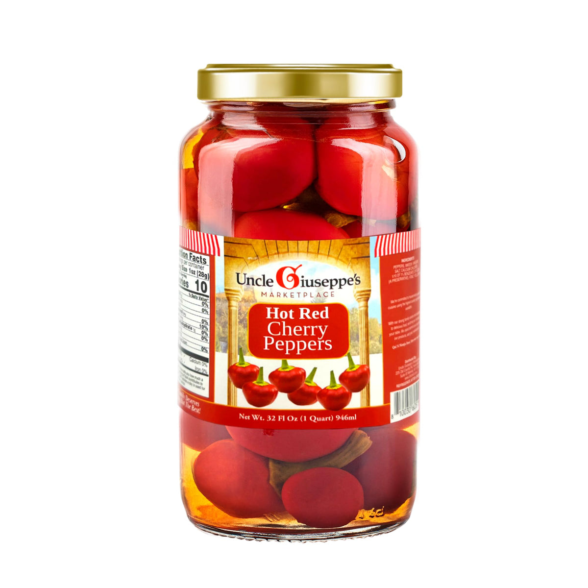 Uncle Giuseppe’s Hot Red Cherry Peppers in a jar for bold Italian flavor on meals.