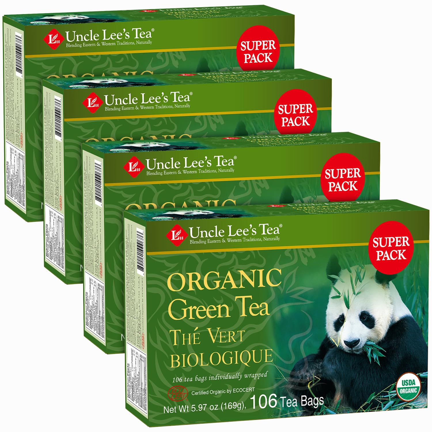 Uncle Lee's Organic Green Tea Bags 4-Pack box for bulk home or office refreshment.
