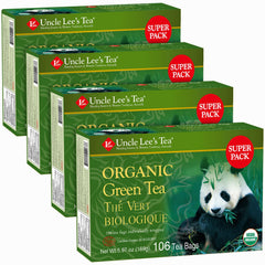Uncle Lee's Organic Green Tea Bags 4-Pack box for bulk home or office refreshment.