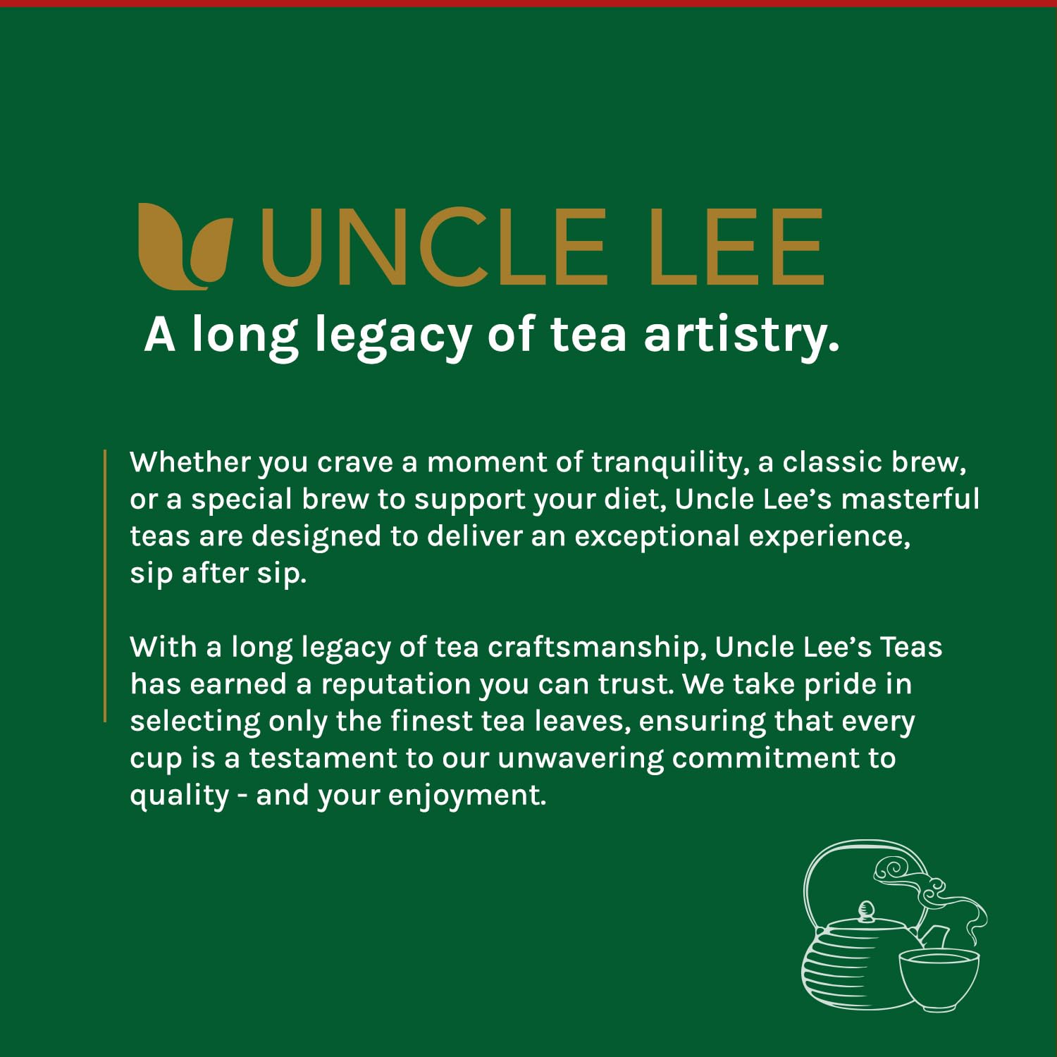 Kitchen shelf displaying Uncle Lee's Organic Green Tea Bags as a pantry staple.