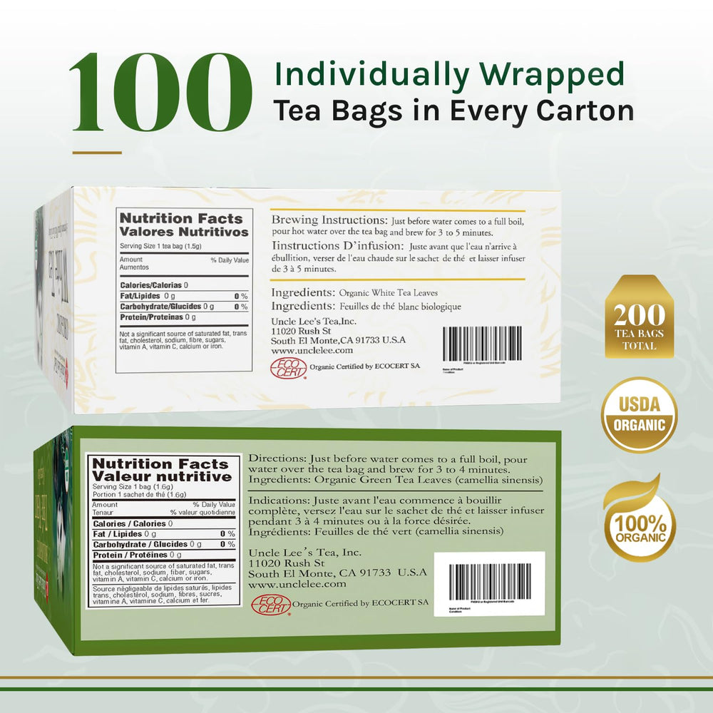 Uncle Lee's Organic Green Tea bags offering crisp, refreshing flavor
