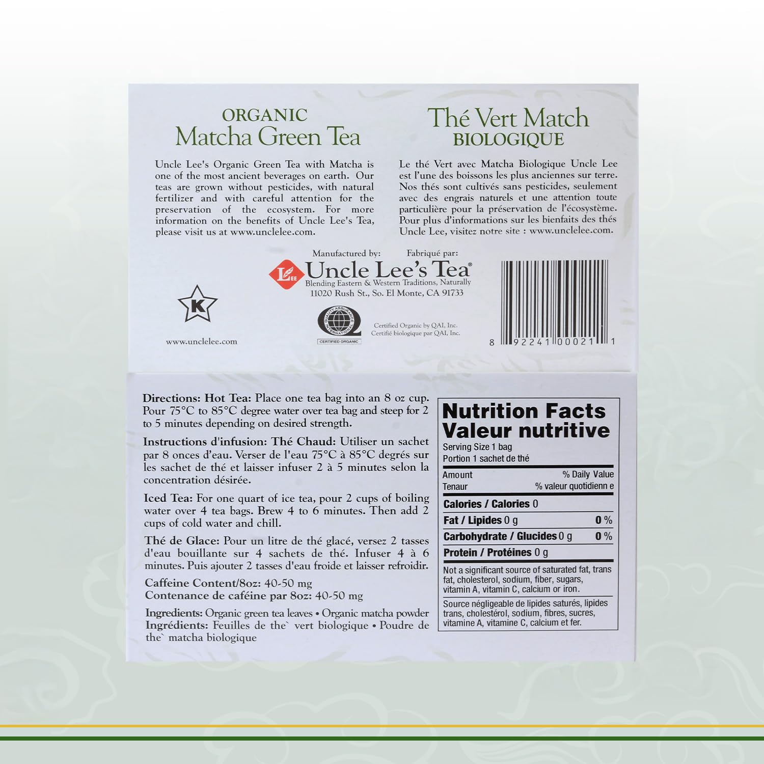 Uncle Lee's Organic Matcha Tea Bags box open for pantry and office breaks