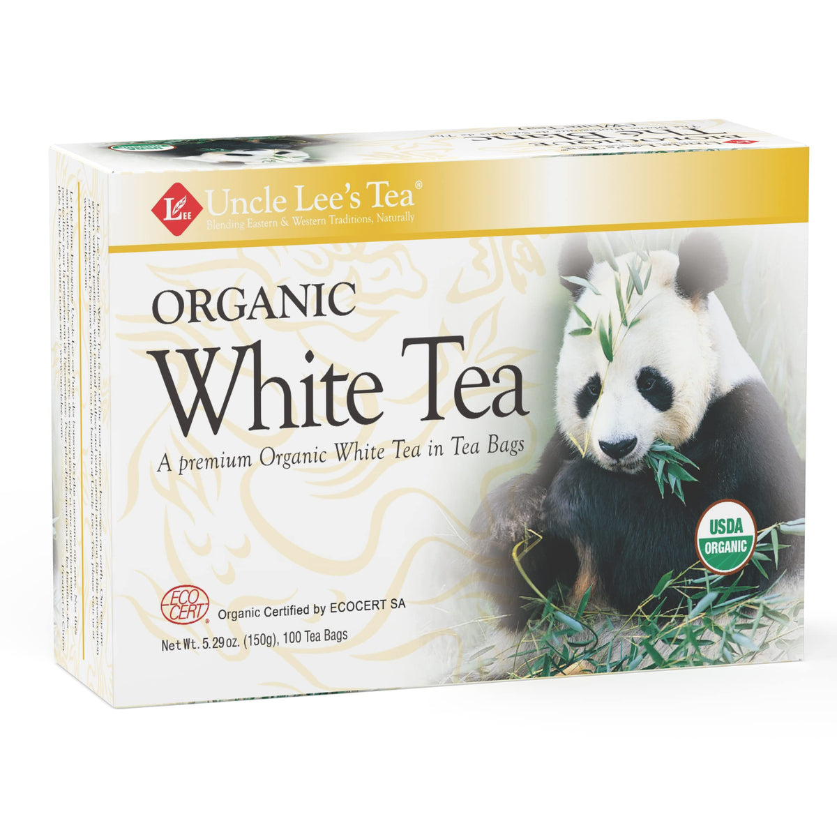 Uncle Lee's Organic White Tea bags in a 100-count pack, ready for daily brewing.