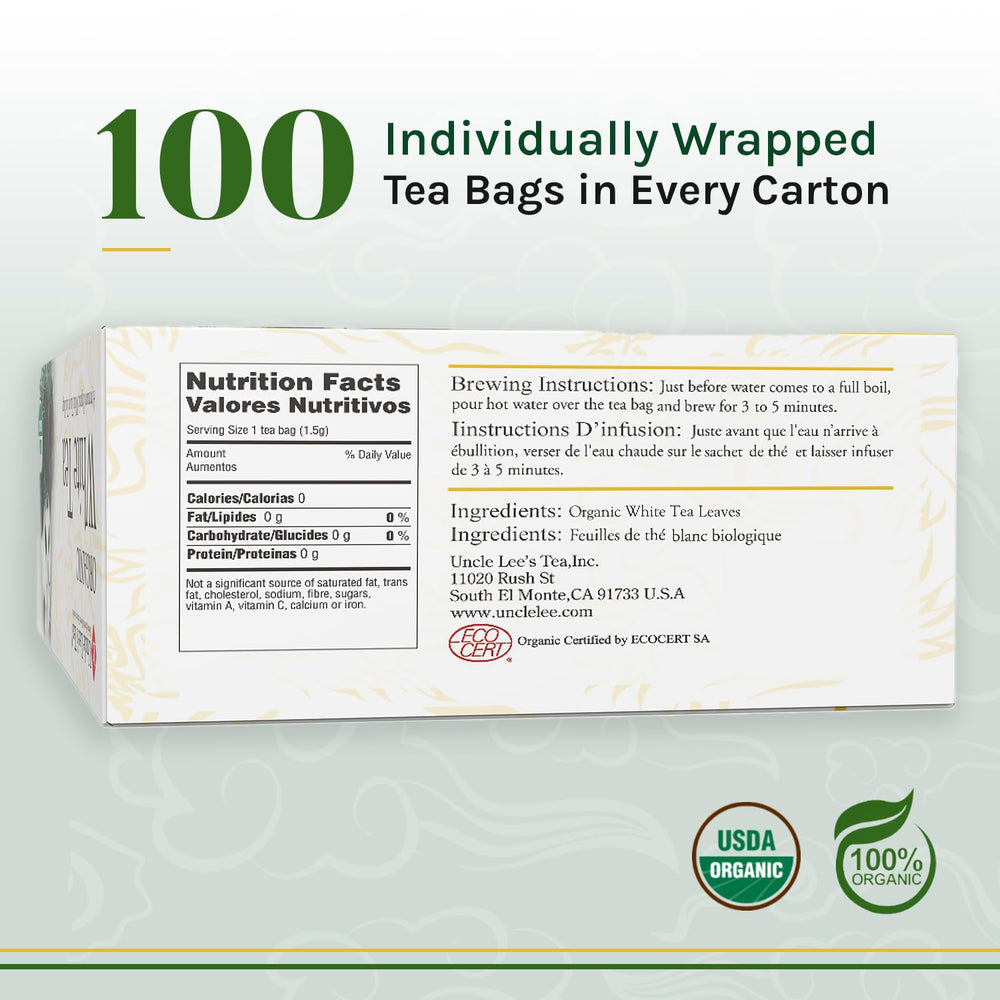 Brewing Uncle Lee's Organic White Tea yields a pale gold cup with gentle caffeine.