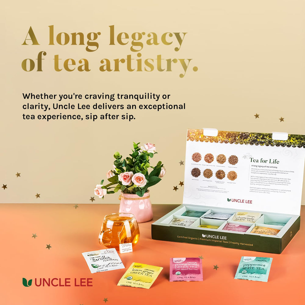 Uncle Lee's Pomegranate Green tea bags with fruity brightness.