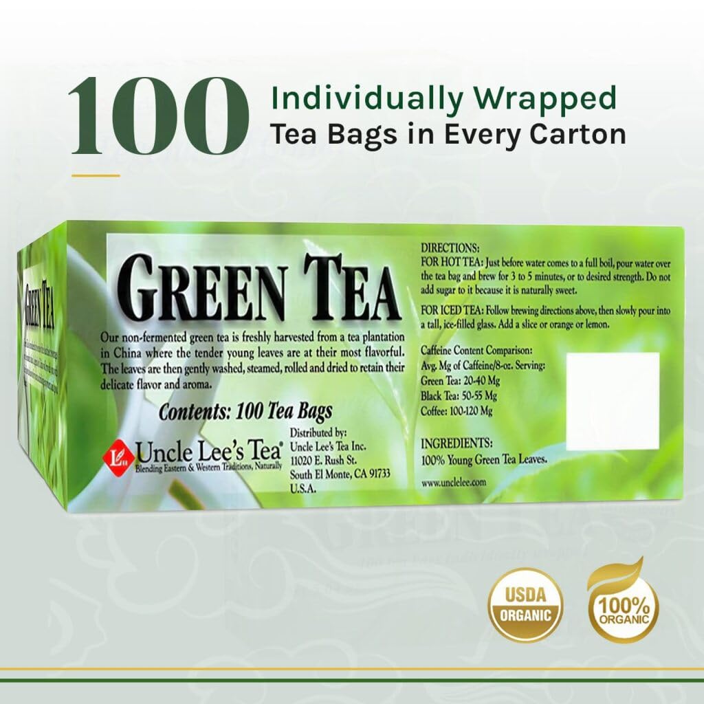 Uncle Lee's Premium Green Tea box packaging highlighting 100-count value