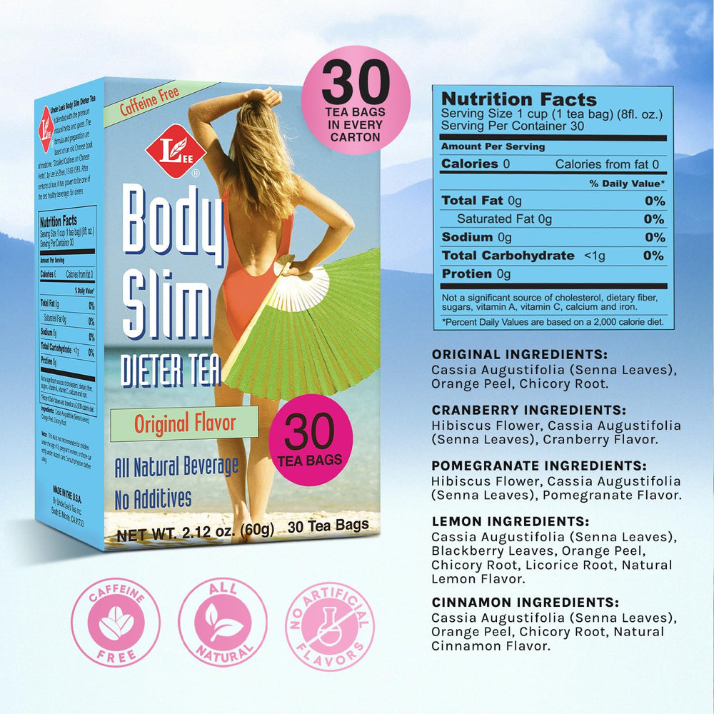 Uncle Lee's Tea Body Slim Tea bags ready to brew a caffeine-free option.