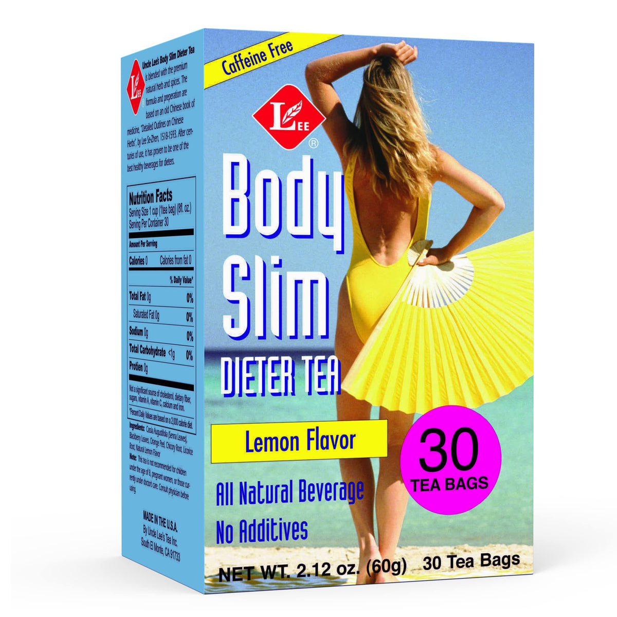 Uncle Lee's Tea Body Slim Tea box showing caffeine-free herbal blend with lemon zest.