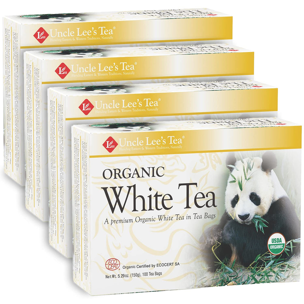 Uncle Lees Tea Organic White Tea bags packaging shows premium, eco-friendly design.