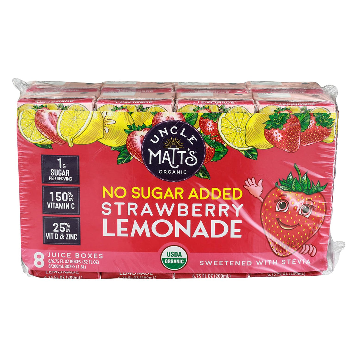 Uncle Matt's Strawberry Lemon Organic Juice Box, compact and convenient for school lunches.