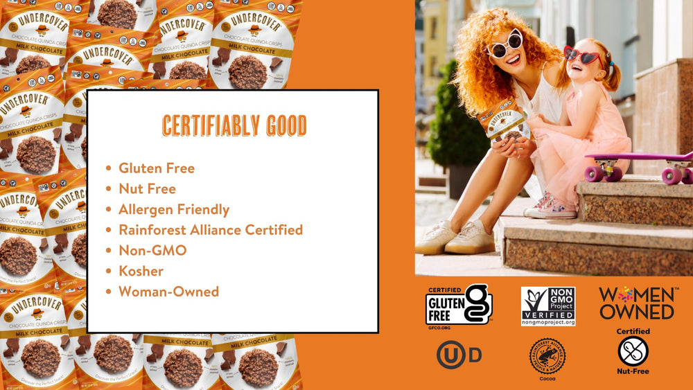 Undercover labels confirm gluten-free and nut-free certifications for safe snacking.