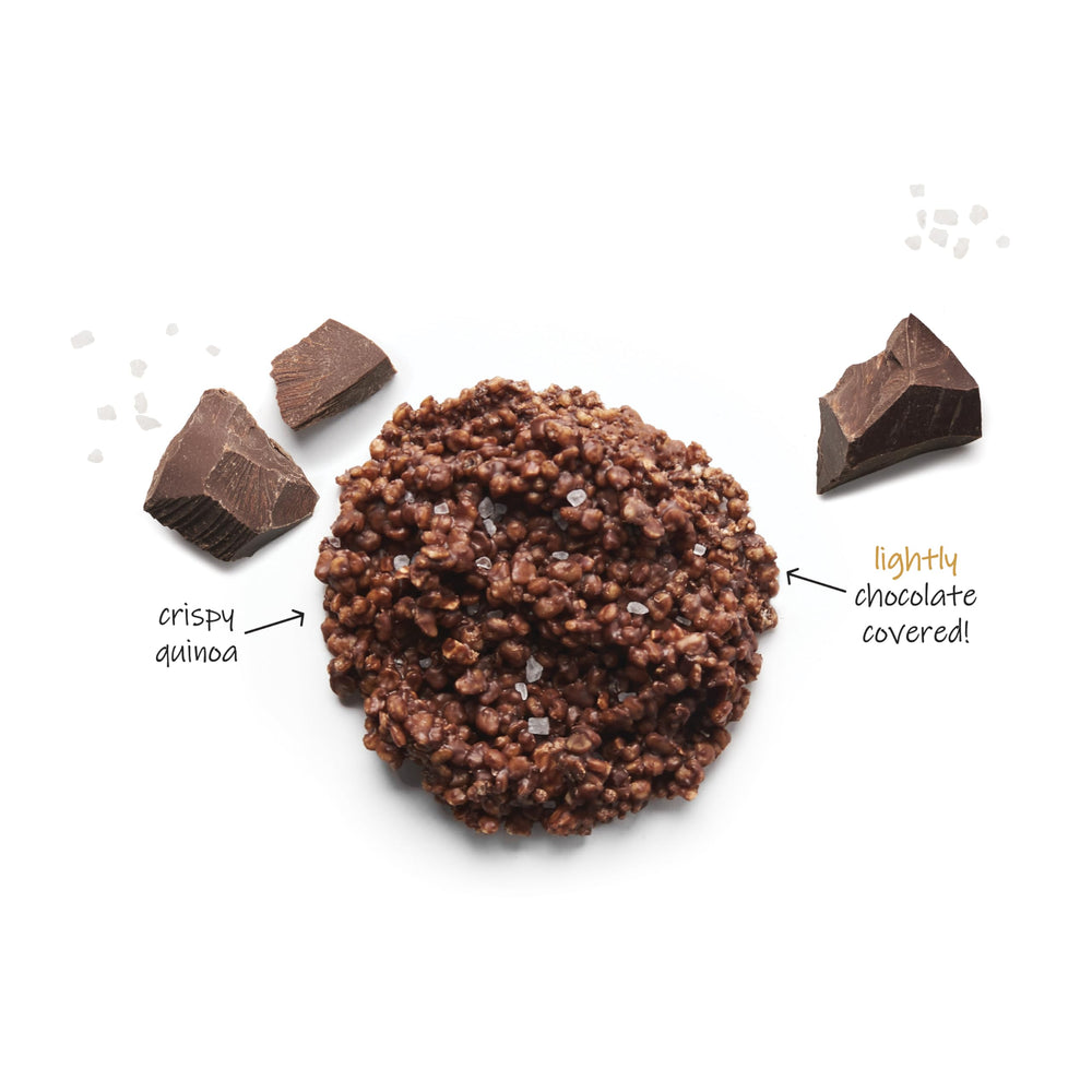 Undercover quinoa crisp close-up showcases protein-rich bite with premium chocolate.