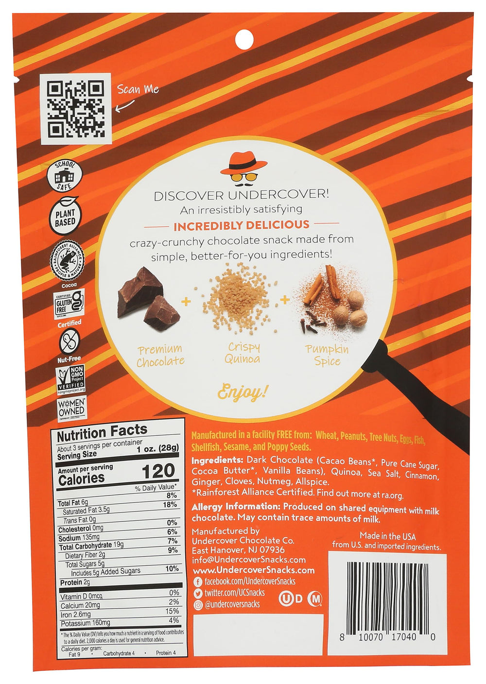 Undercover Quinoa Crisps dark chocolate pumpkin spice close-up reveals rich texture and flavor.