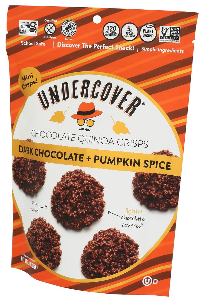 Undercover Quinoa Crisps ingredient shot emphasizing quinoa and premium chocolate quality.