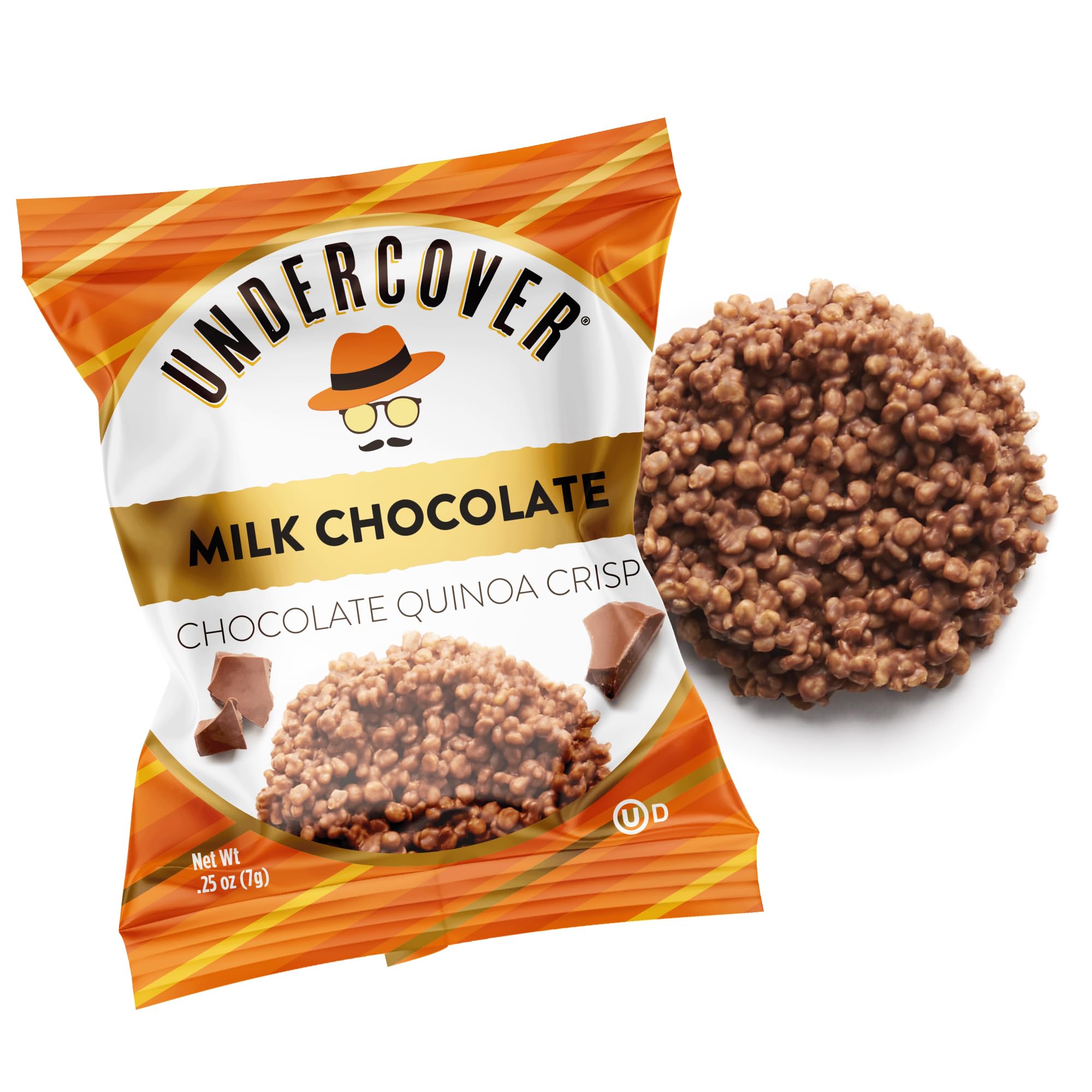 Undercover Quinoa Crisps milk chocolate packaging, 70-count box for easy sharing.