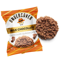 Undercover Quinoa Crisps milk chocolate packaging, 70-count box for easy sharing.