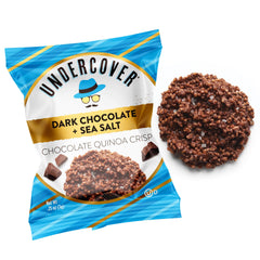 Undercover Quinoa dark chocolate crisps front view, gluten-free snack option.