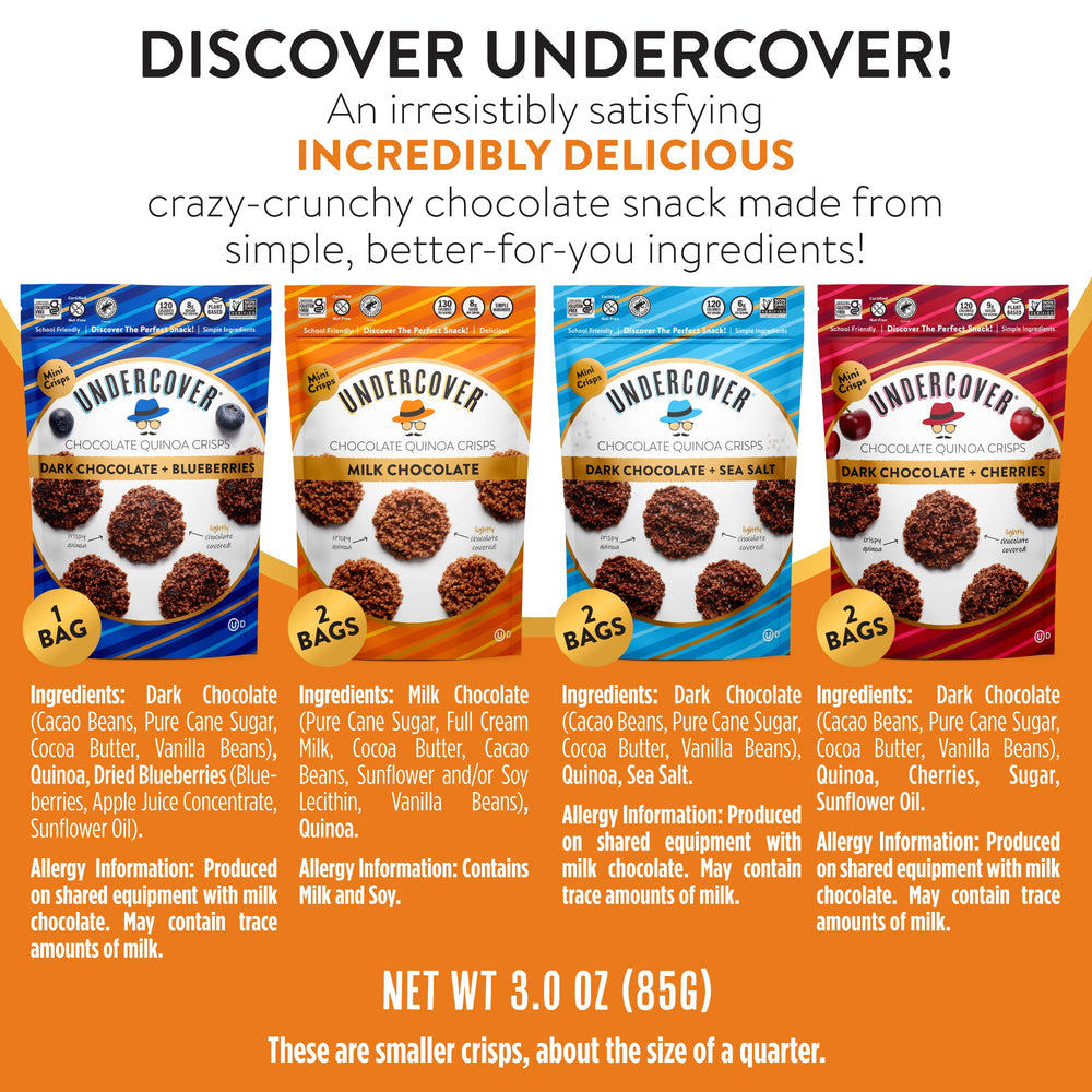 Undercover Snacks chocolate quinoa crisps with dark chocolate and cherries—bold flavor with fiber.