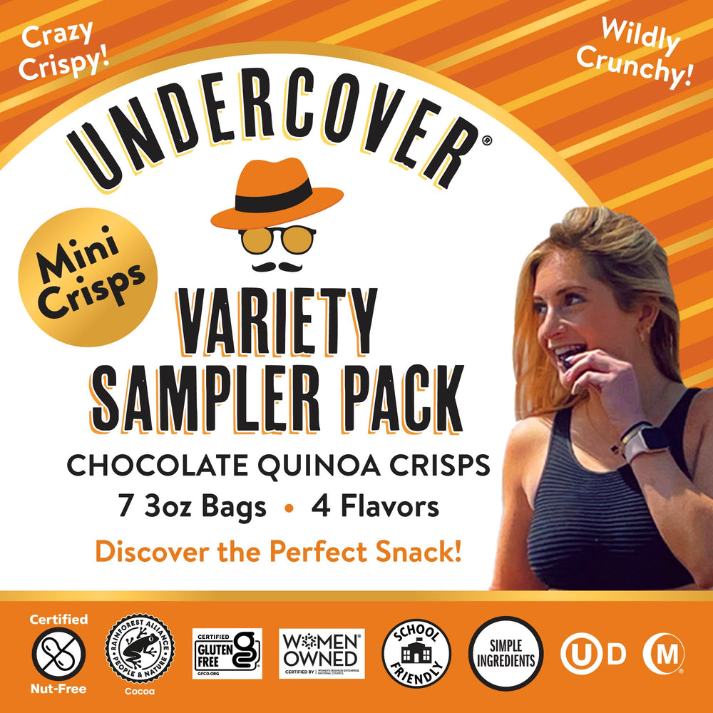 Undercover Snacks chocolate quinoa crisps with milk chocolate—crispy energy for school or work.