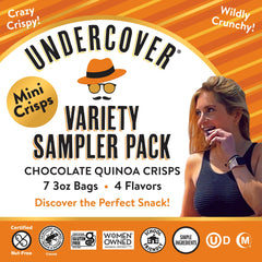 Undercover Snacks chocolate quinoa crisps with milk chocolate—crispy energy for school or work.
