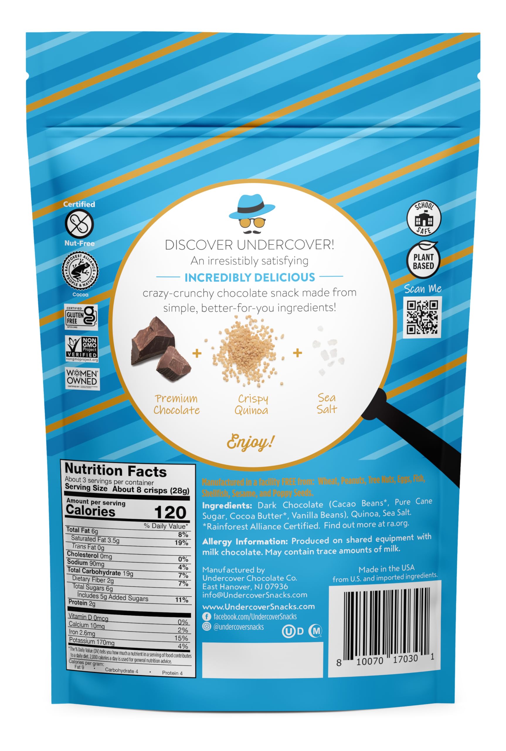 Undercover Snacks dark chocolate quinoa crisps with blueberries, protein-rich gluten-free on-the-go.