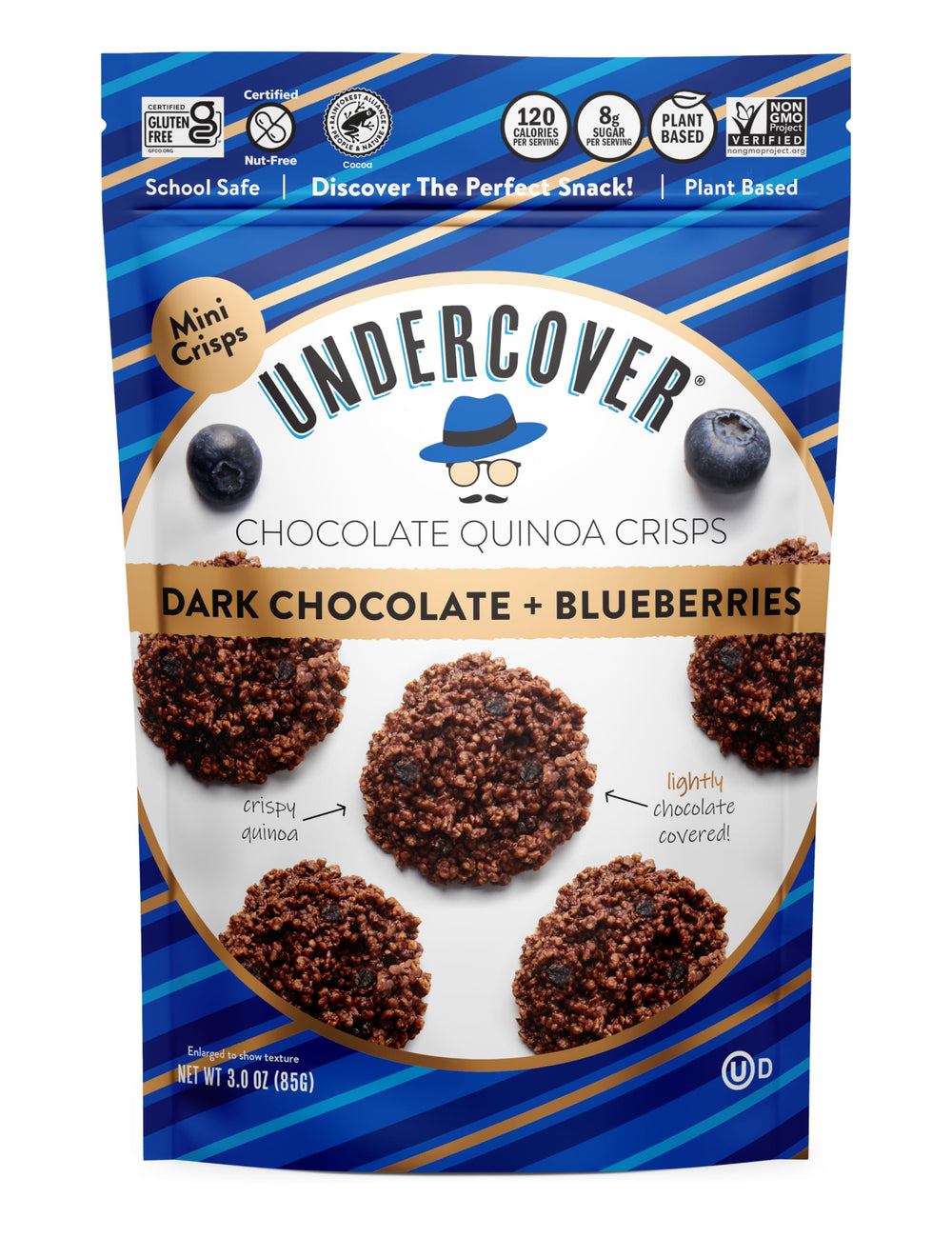Undercover Snacks packaging highlights allergen-friendly claims and USA-made production.