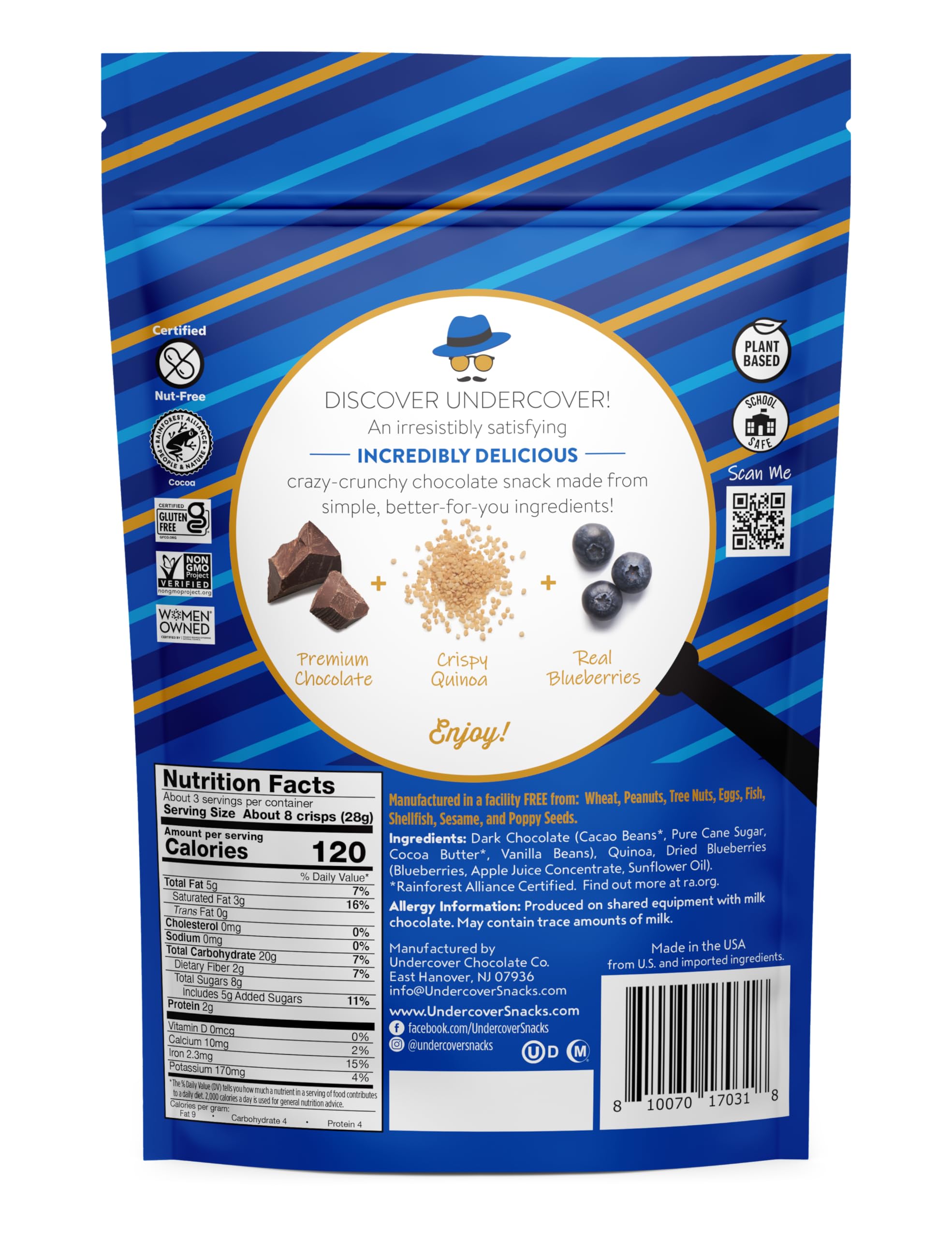 Undercover Snacks chocolate-quinoa crisps close-up reveals glossy coating and crisp texture.