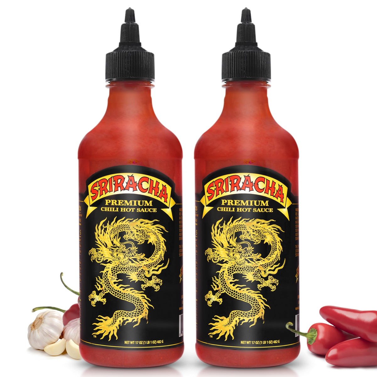 Underwood Ranches Dragon Sriracha bottle pour highlighting bold heat for meals.