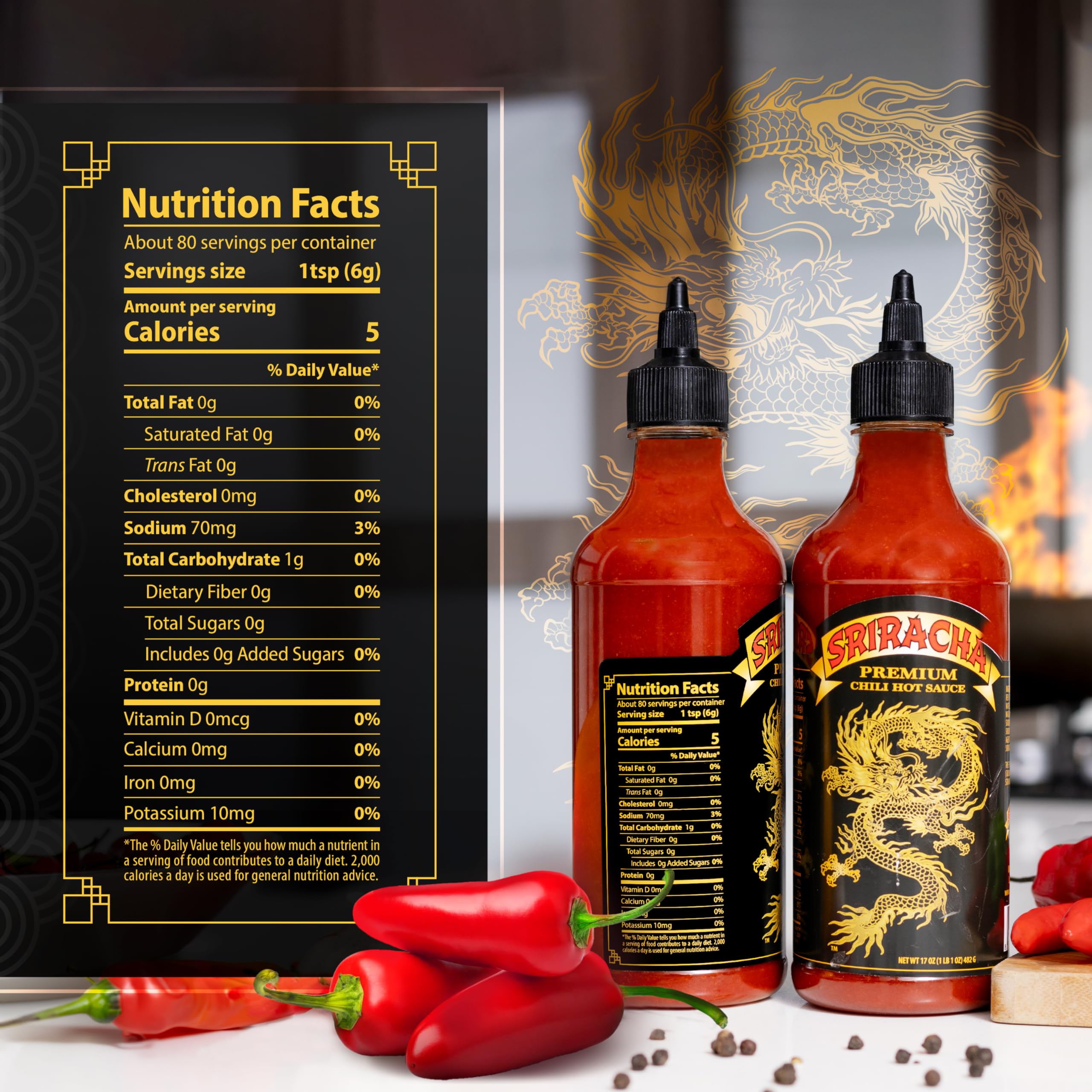 Underwood Ranches Dragon Sriracha 2-pack keeps heat ready for gatherings.
