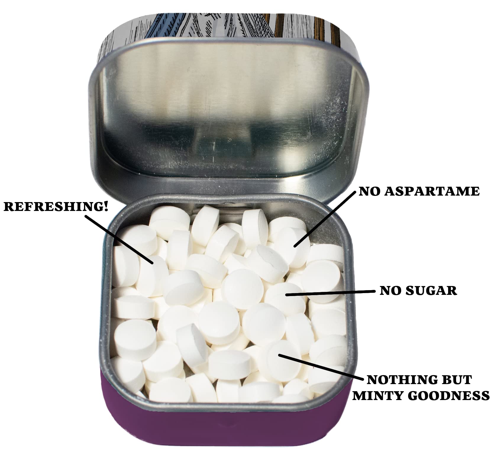 Alice's Enchantmints tin beside a cup, implying elegant, portable breath care.