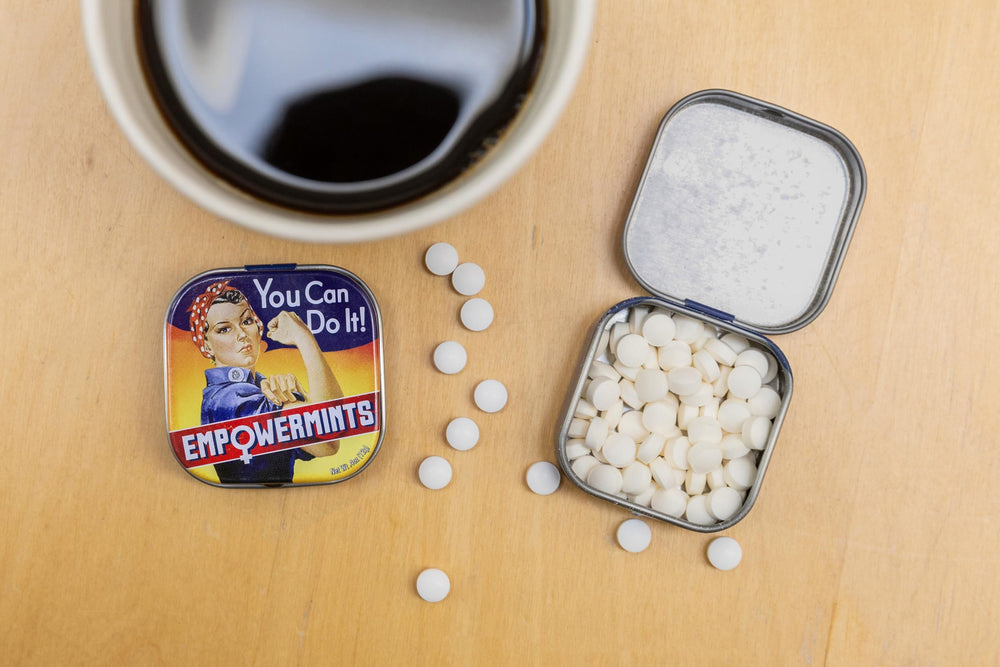 EmpowerMints tin open with mint stack ready for quick pick-me-up.