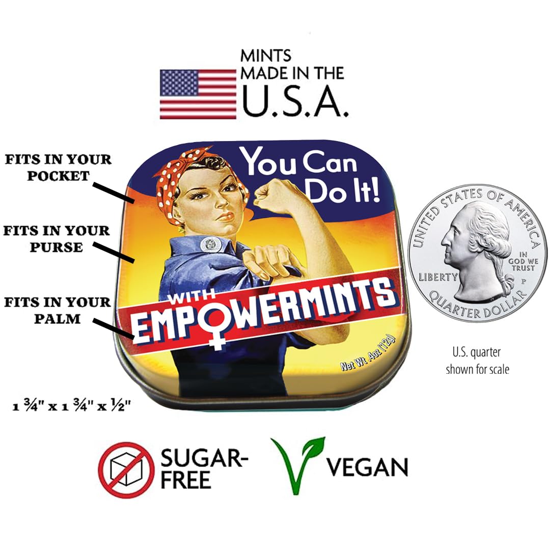 Rosie the Riveter EmpowerMints tin side view showing compact pocket-friendly size.
