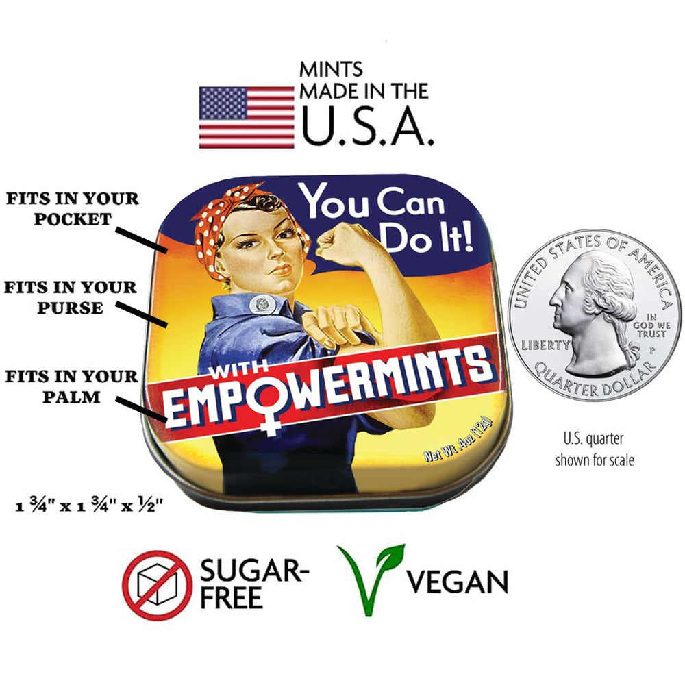 Rosie the Riveter EmpowerMints tin side view showing compact pocket-friendly size.