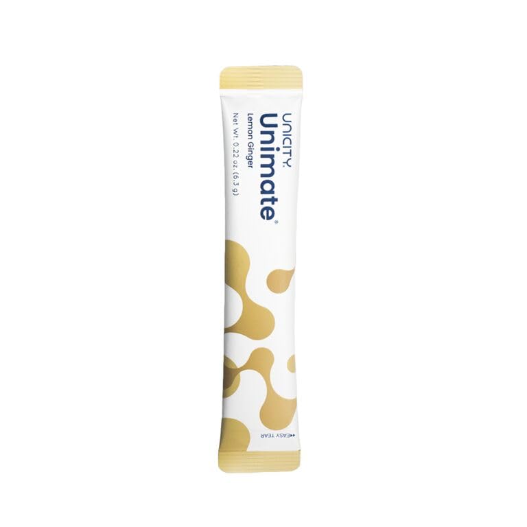 Unicity Unimate Lemon Ginger natural-ingredients panel signals a clean-energy option.