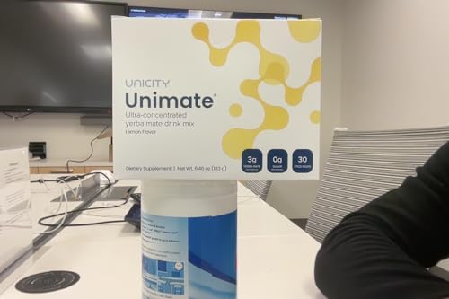 Unicity Unimate Lemon Ginger stick pack back view with usage notes.