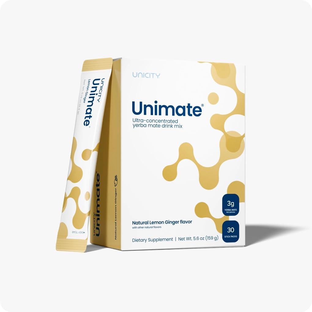 Unicity Unimate Lemon Ginger stick pack front view for on-the-go energy and flavor.