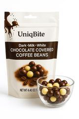 UNIQBITE chocolate-covered coffee beans in resealable bag for convenient mixed-flavor snacking.