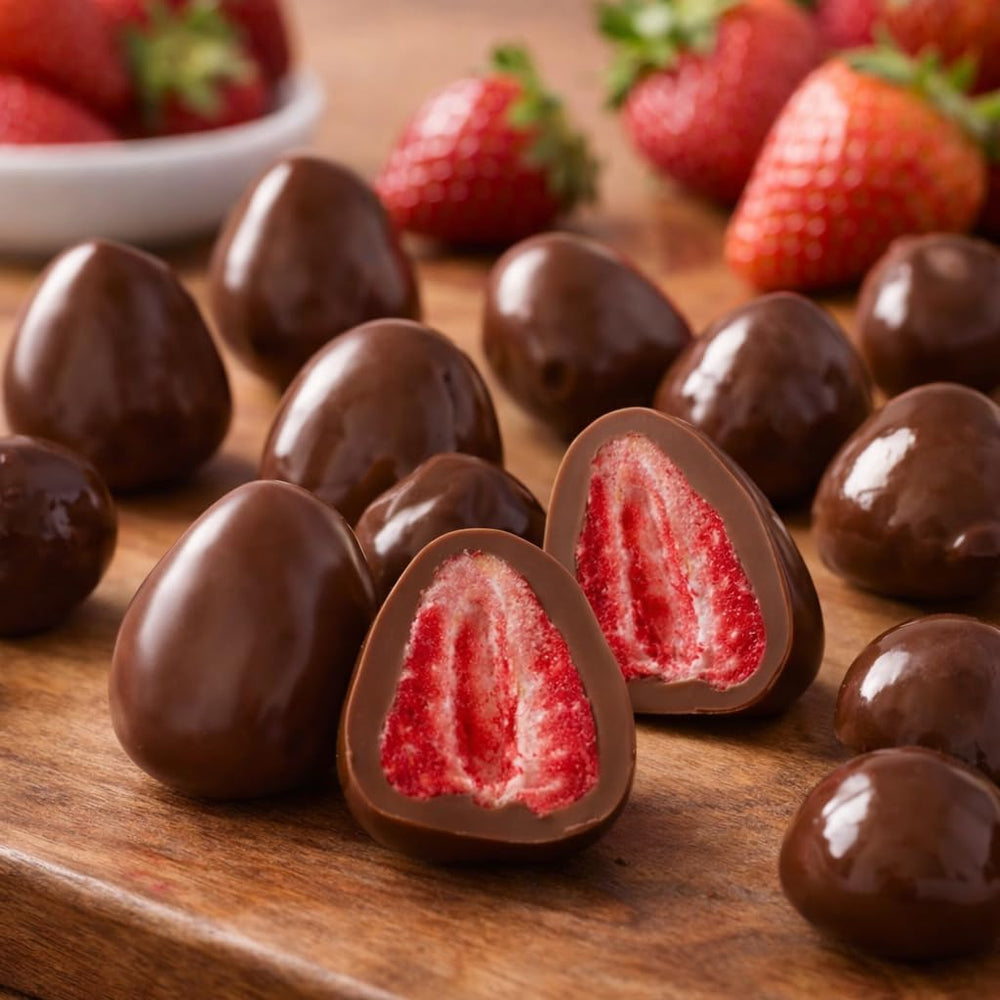 UNIQBITE close-up of a freeze-dried strawberry coated in milk chocolate.