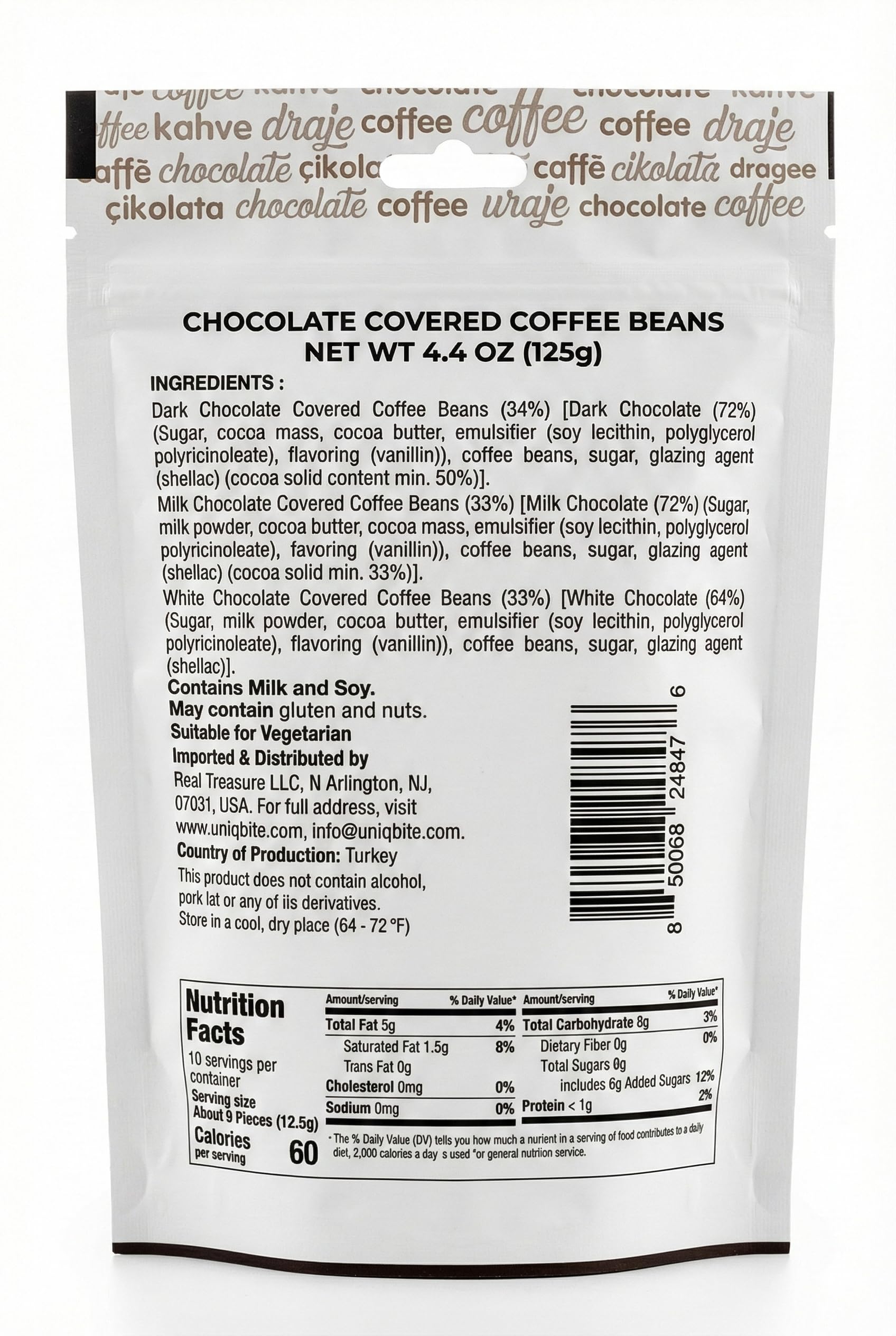 Dark, milk, and white chocolate enrobed beans with whole roasted coffee for rich aroma.