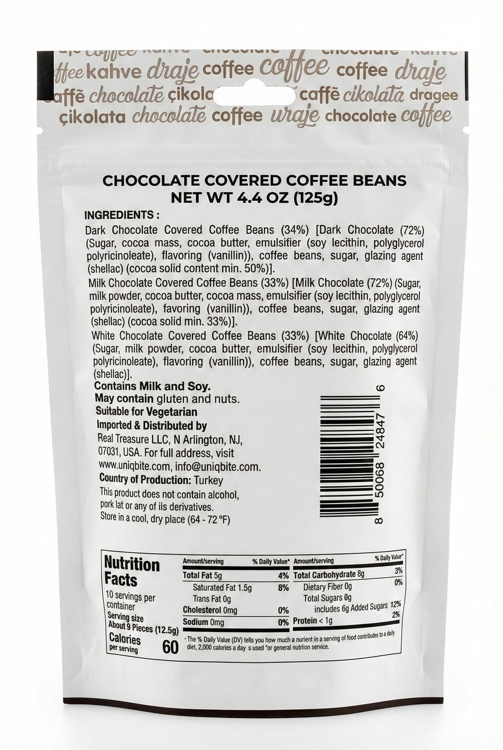 Dark, milk, and white chocolate enrobed beans with whole roasted coffee for rich aroma.