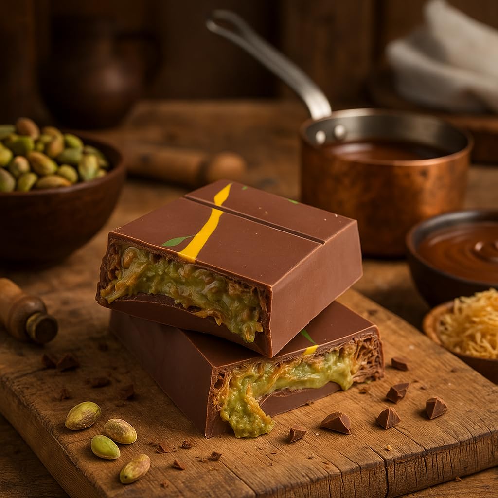 UNIQBITE Dubai Pistachio and kataifi ingredients visual, highlighting premium components.