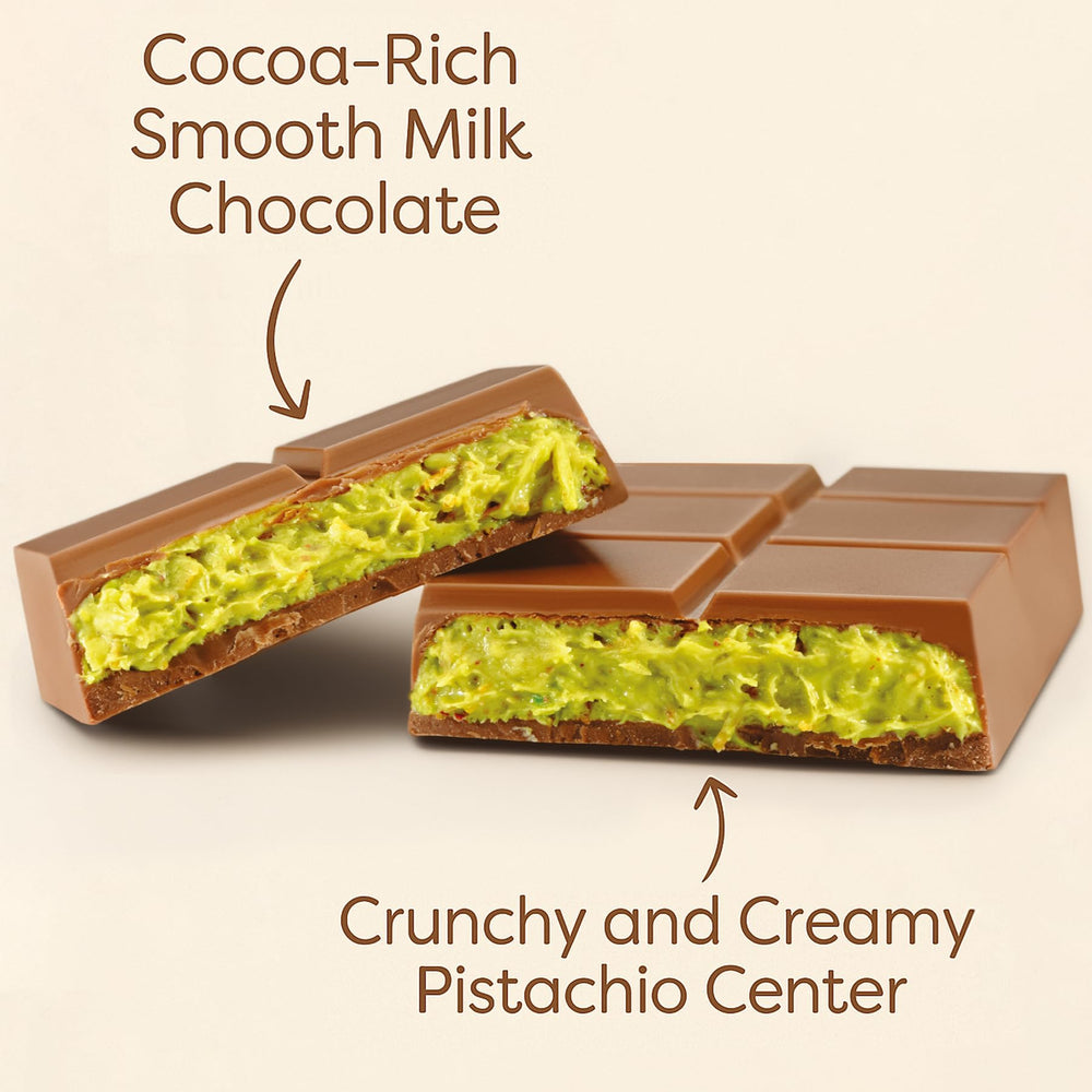UNIQBITE Dubai Milk Chocolate Bar exterior with pistachio reveal, snack-ready.