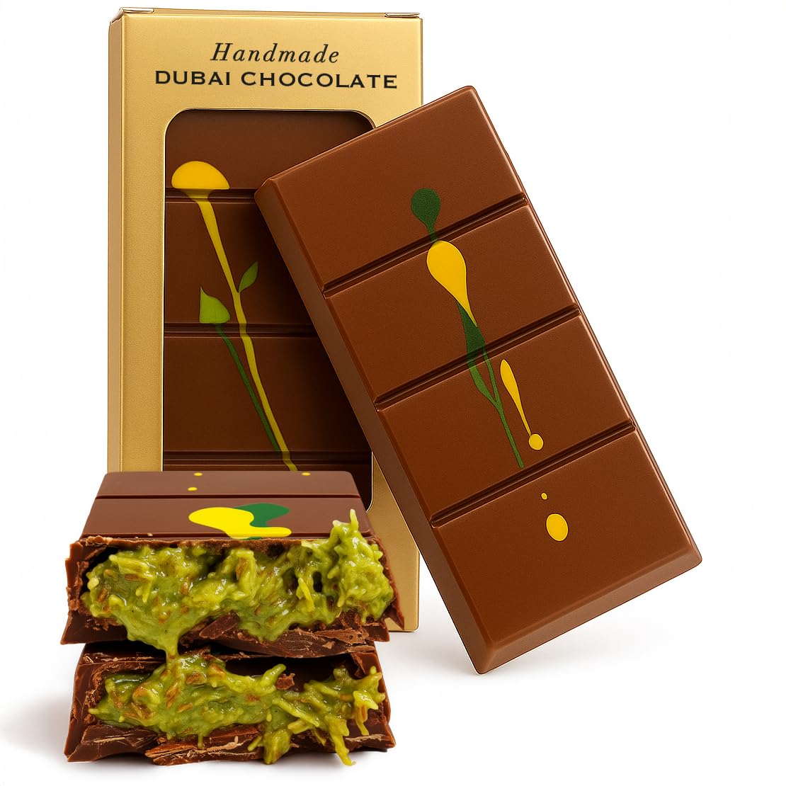 UNIQBITE Dubai Pistachio Chocolate Bar close-up highlighting pistachio cream.