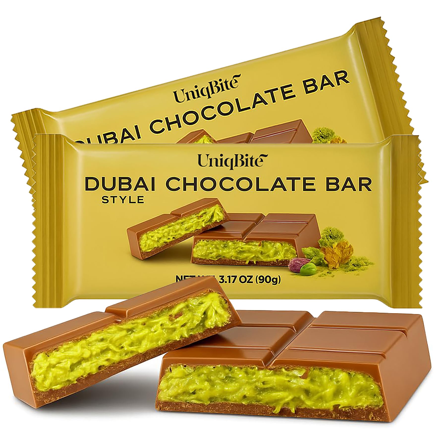 UNIQBITE Dubai Pistachio Cream chocolate bar close-up, premium dessert moment.